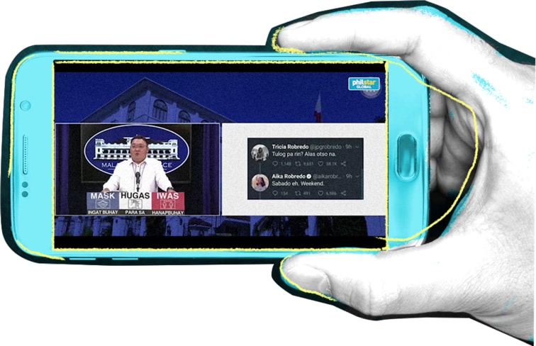 Hand holding a phone showing Harry Roque and #NasaanAngPangulo tweets.
