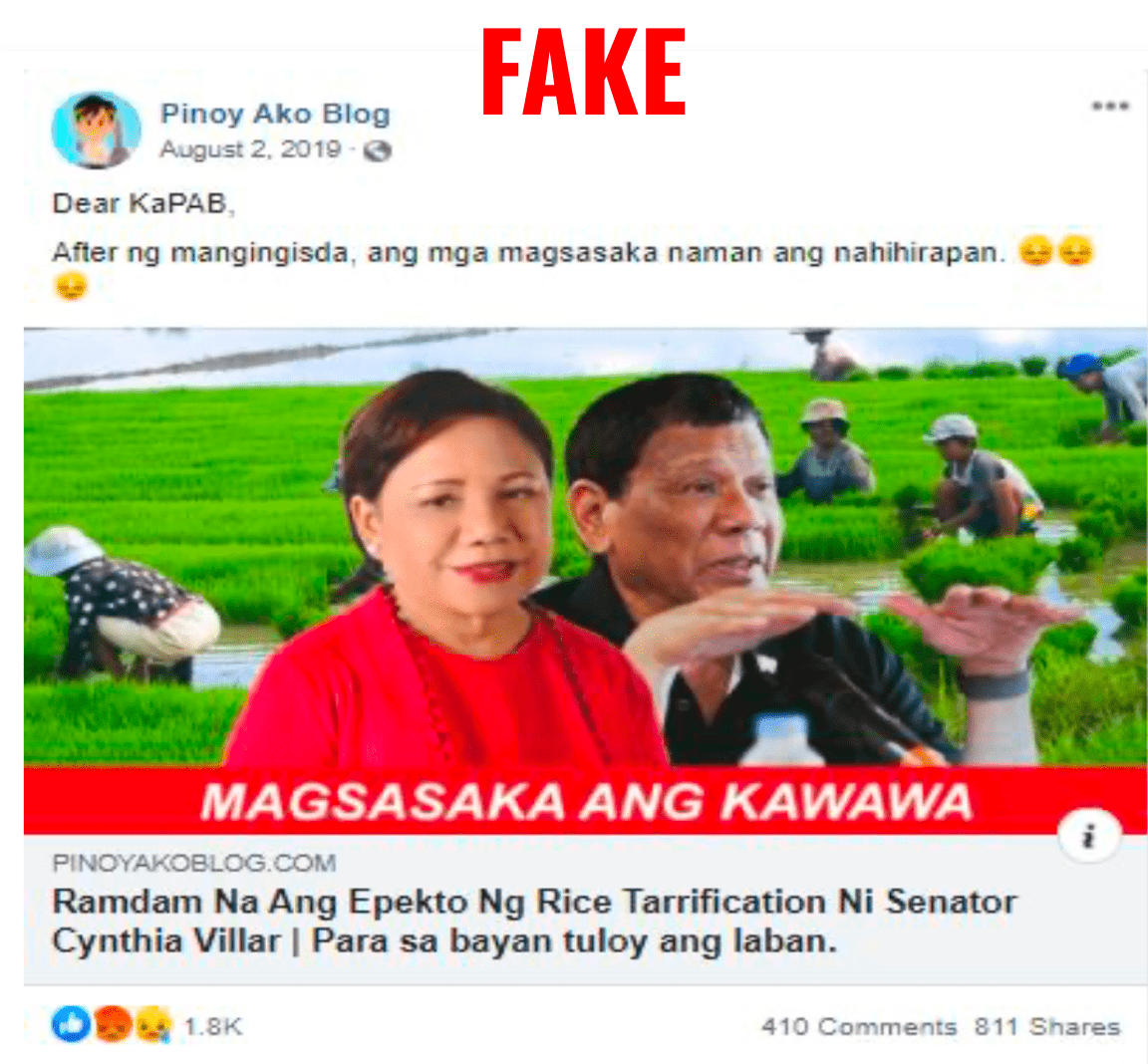 Fake news about Villar Rice Tariffication.