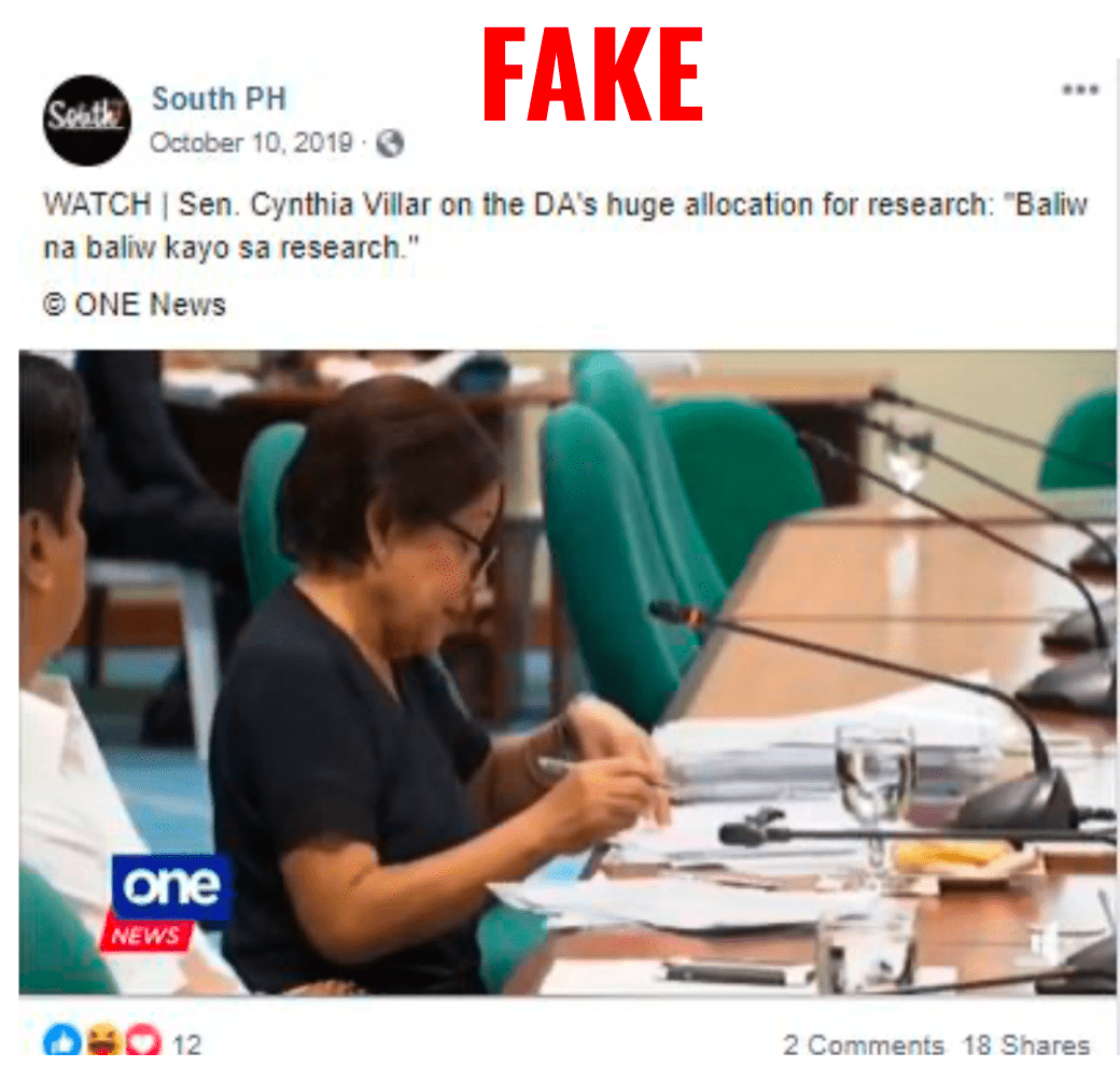 Fake news about Villar being against research.